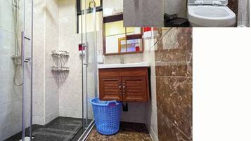 Shower, towels, soap, toilet paper