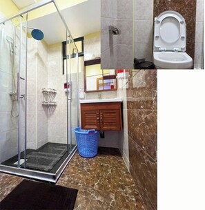 Shower, towels, soap, toilet paper