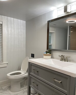 Ein Badezimmer mit Toilette, Waschbecken mit Spiegel und einem Schrank mit Schubladen.