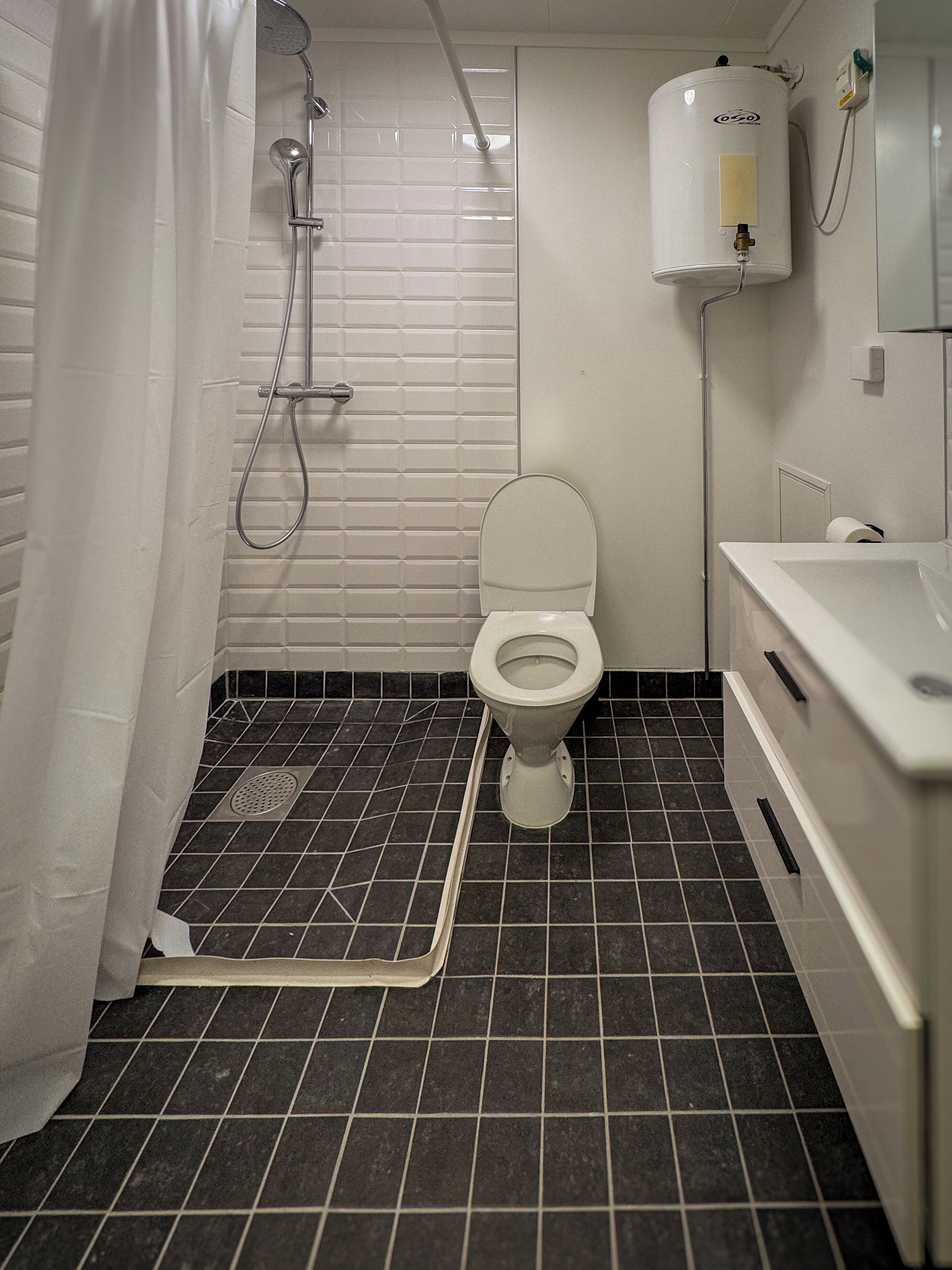 Un baño con inodoro, ducha y lavamanos.