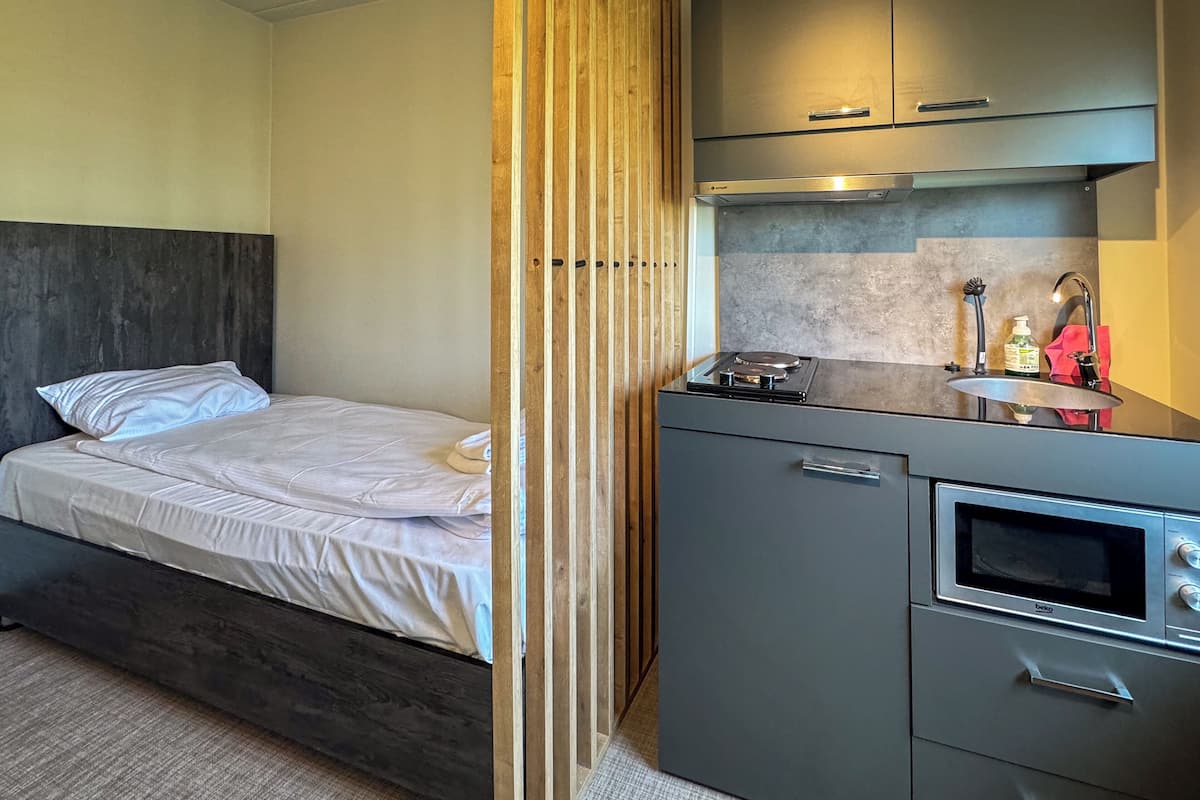 1 bedroom, hypo-allergenic bedding, blackout curtains, bed sheets