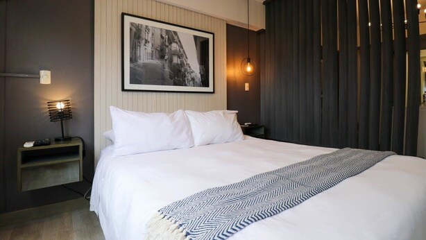 A modern hotel room with a large bed, a framed photograph on the wall, a bedside table with a lamp, and a dark room divider.