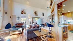 TV, fireplace, DVD player, printers