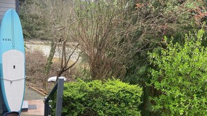 Ein Gartenbereich mit einem Surfbrett, einem Blumentopf und einer Holzterrasse.