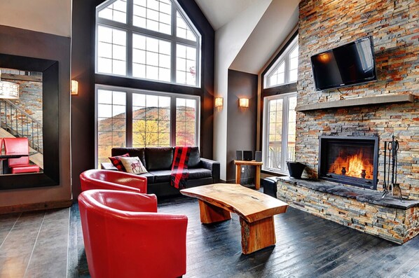 Télévision, cheminée, chaîne hi-fi