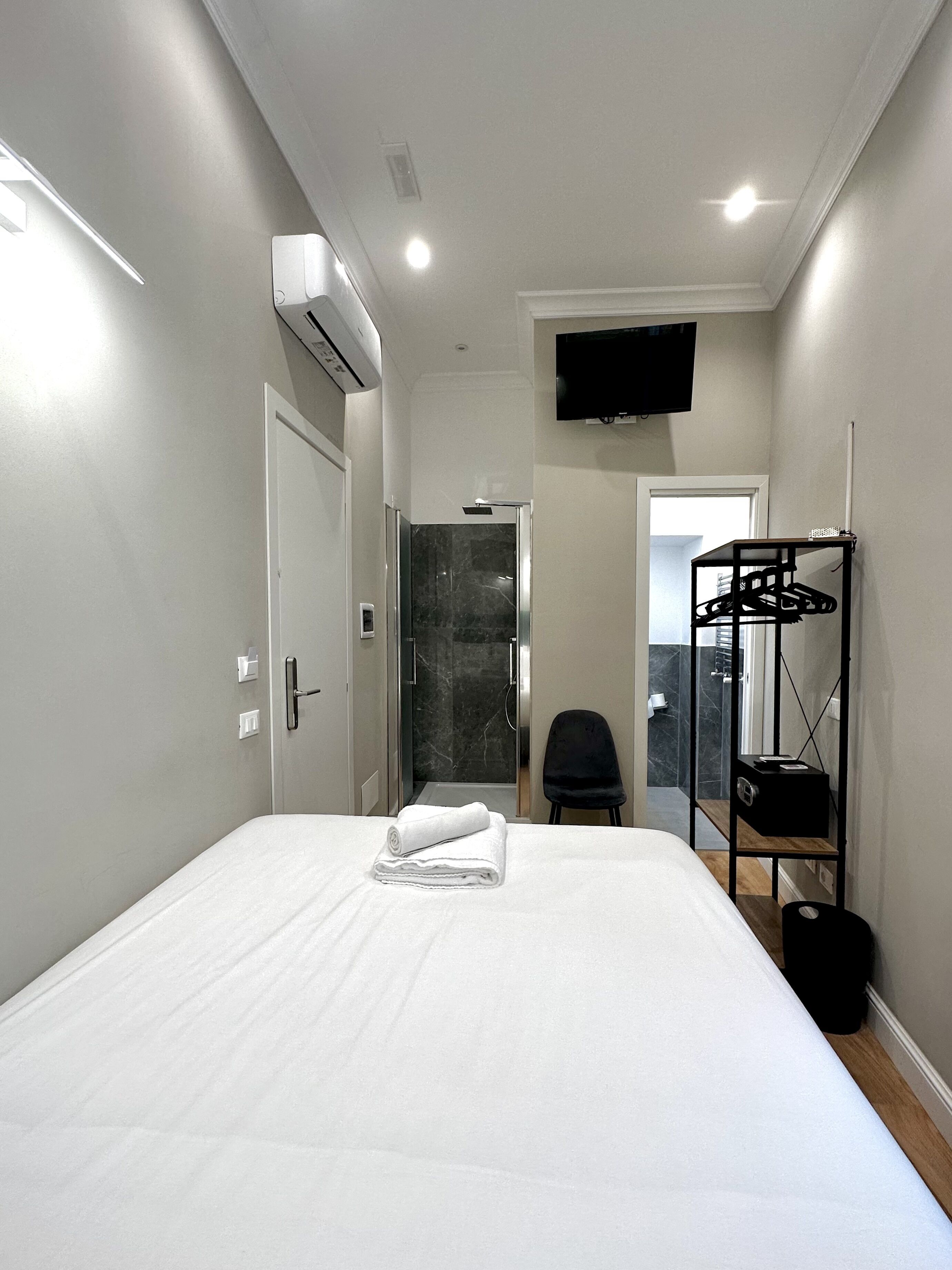 A hotel room with a bed, a shower, a TV, and a clothes rack.