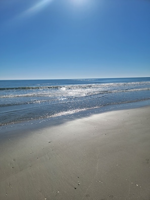 En strand med klar himmel og roligt hav.