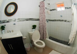 Chuveiro, secador de cabelo, toalhas de banho, sabonete