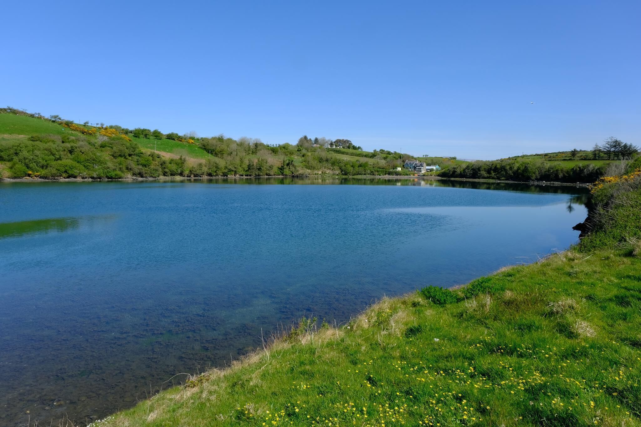 Un lac paisible, bordé d’une rive verdoyante, avec une maison qui se dessine à l’horizon.