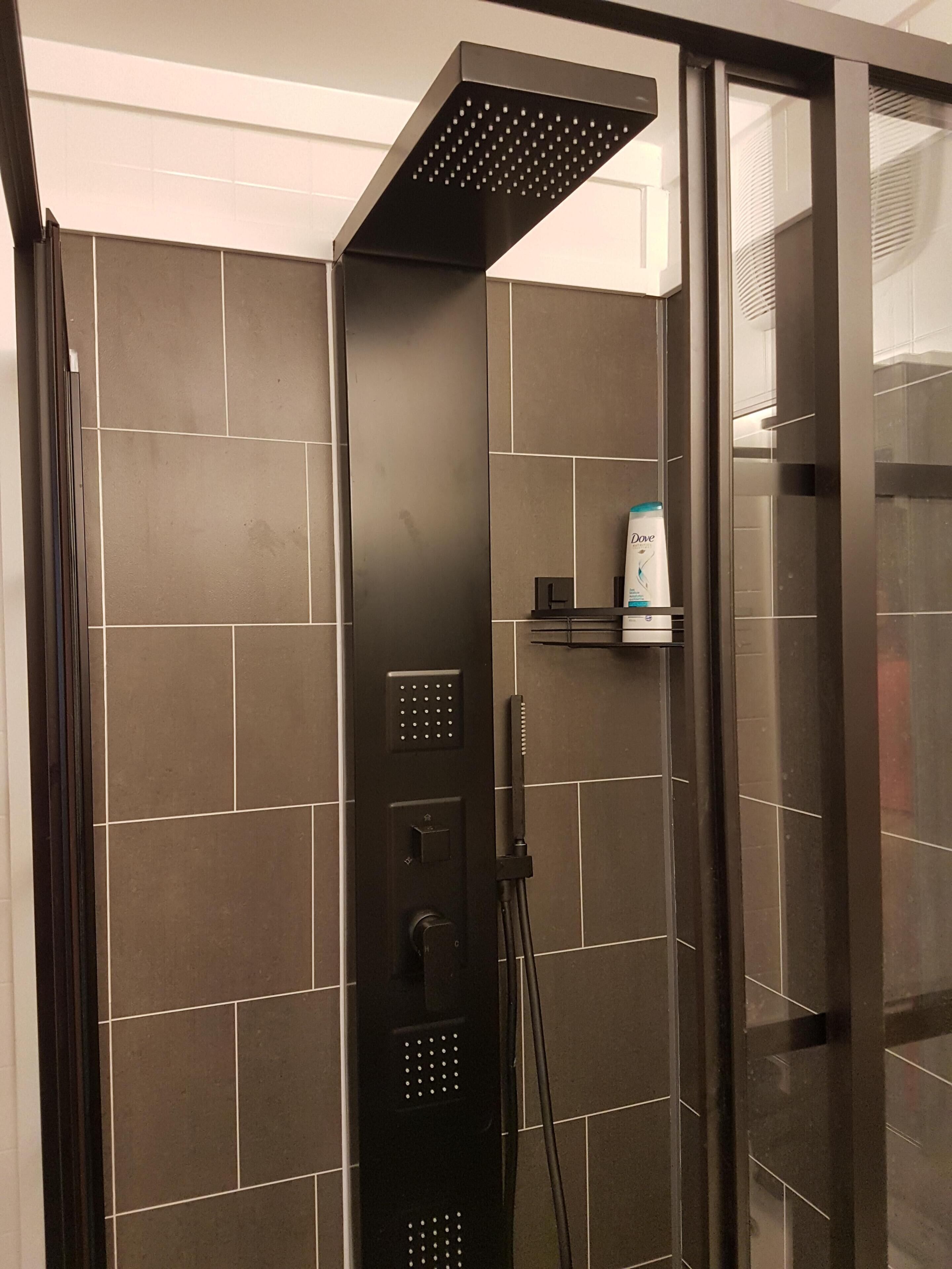 A modern shower enclosure with a rain showerhead, control panel, and a Dove soap dispenser.