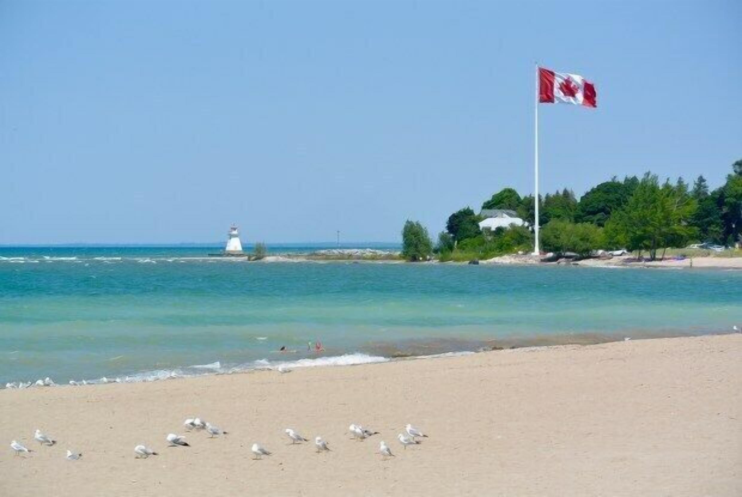 Een strand met een vuurtoren, een Canadese vlag en meeuwen.