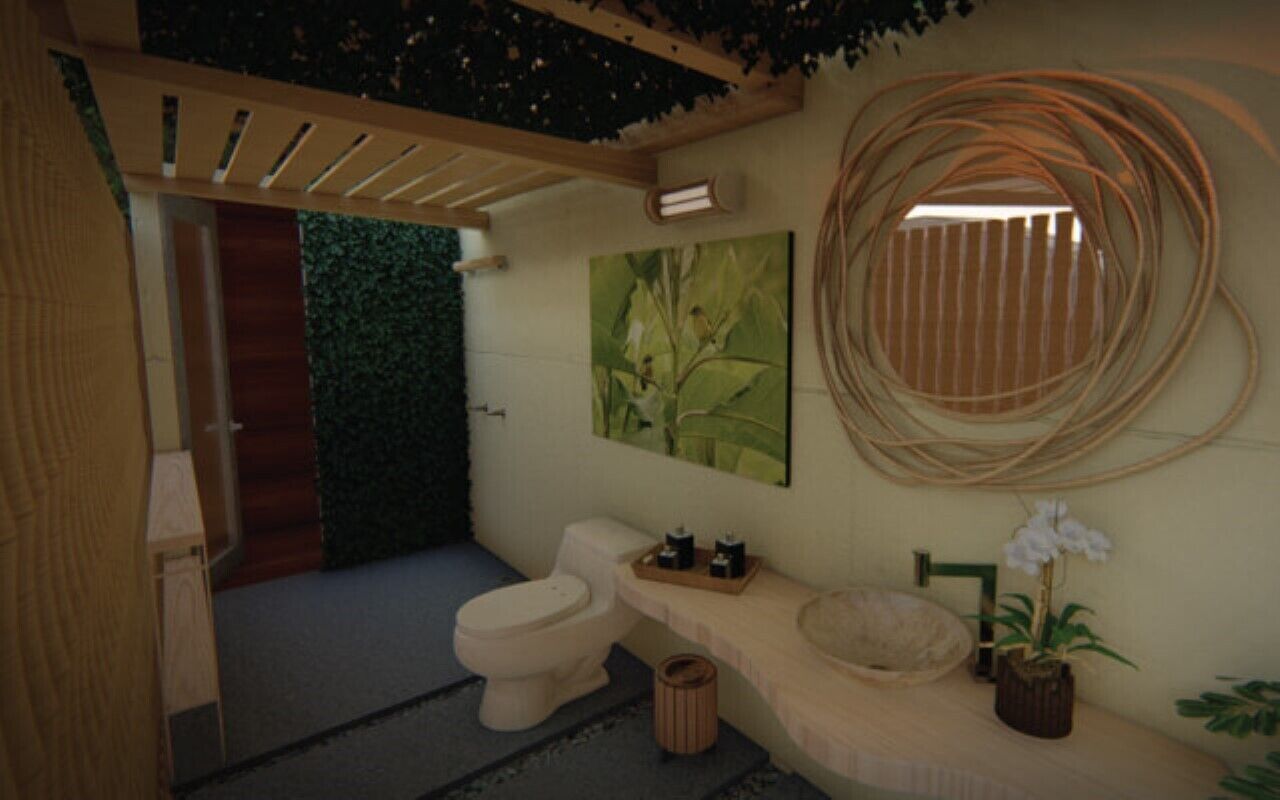 Une salle de bain moderne avec un banc en bois, des toilettes, un lavabo et un mur vert.