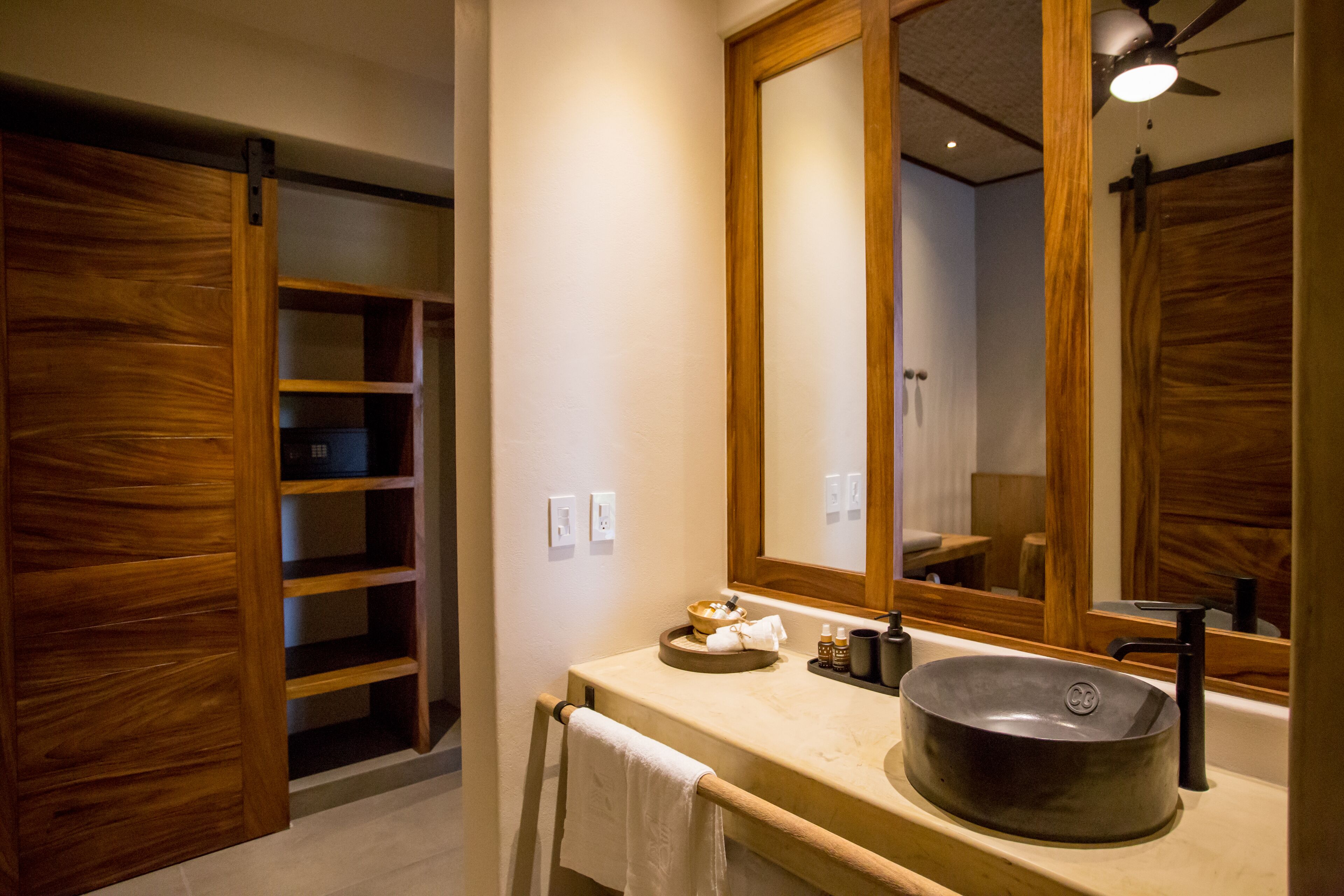 junior suite | bathroom | shower, hair dryer, towels, soap