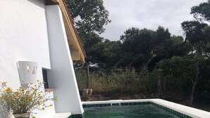 Un espace piscine avec un mur extérieur blanc, un petit coin salon avec des coussins et une plante en pot aux fleurs jaunes.