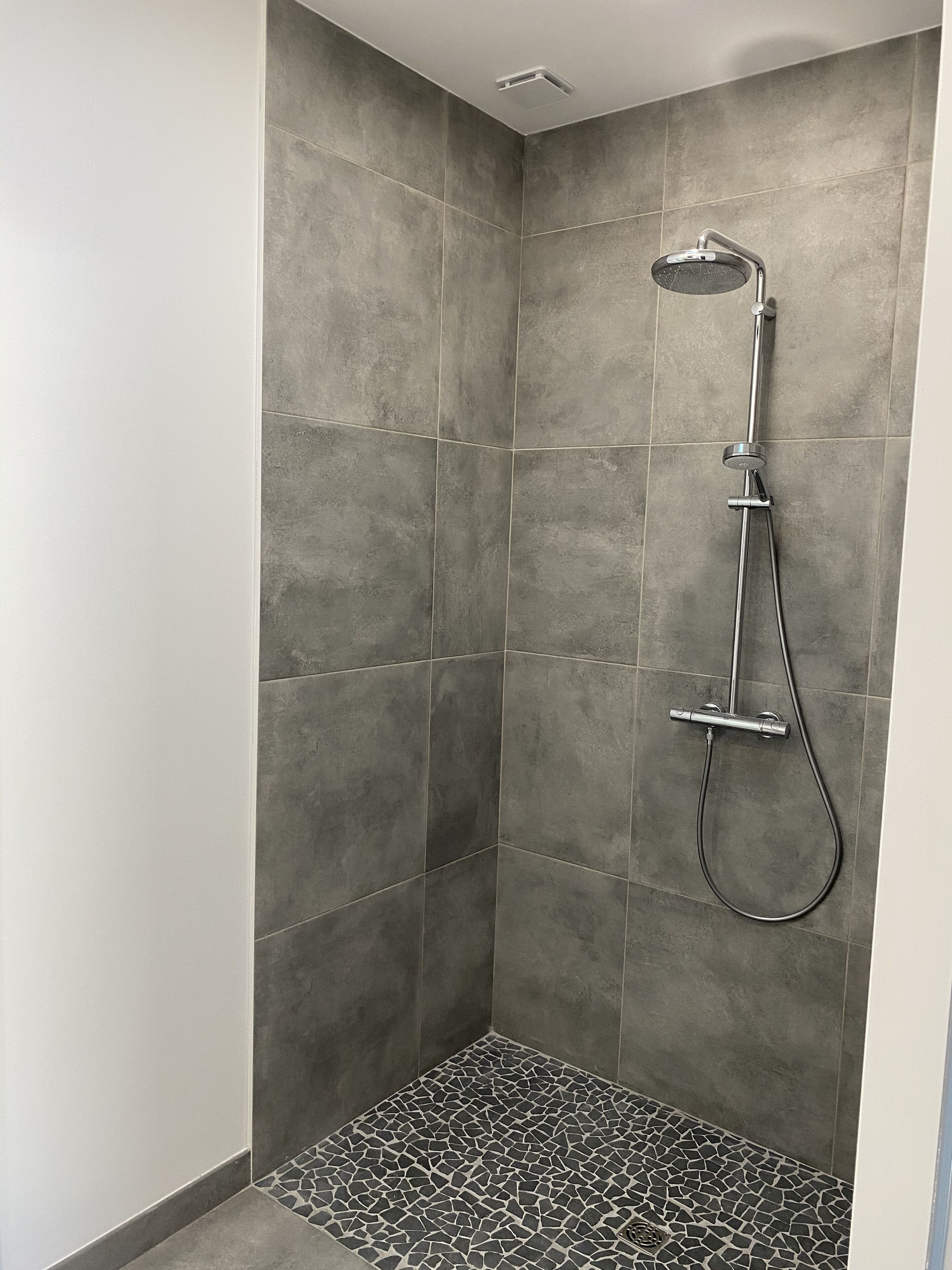 Une douche équipée d’un pommeau de douche et d’un flexible à main.