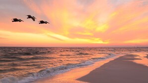 A beach with waves and a sunset.