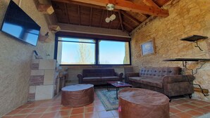 A rustic room with a stone wall, a wooden ceiling, a sofa, a coffee table, and a TV mounted on the wall. - A house of character (Puy-l'Évêque)