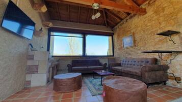 Télévision, cheminée, table de tennis de table