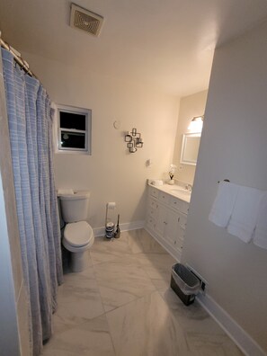 Shower, towels, soap, toilet paper