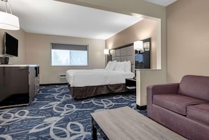 Una habitación de hotel con cama, televisión, escritorio, sofá y ventana.