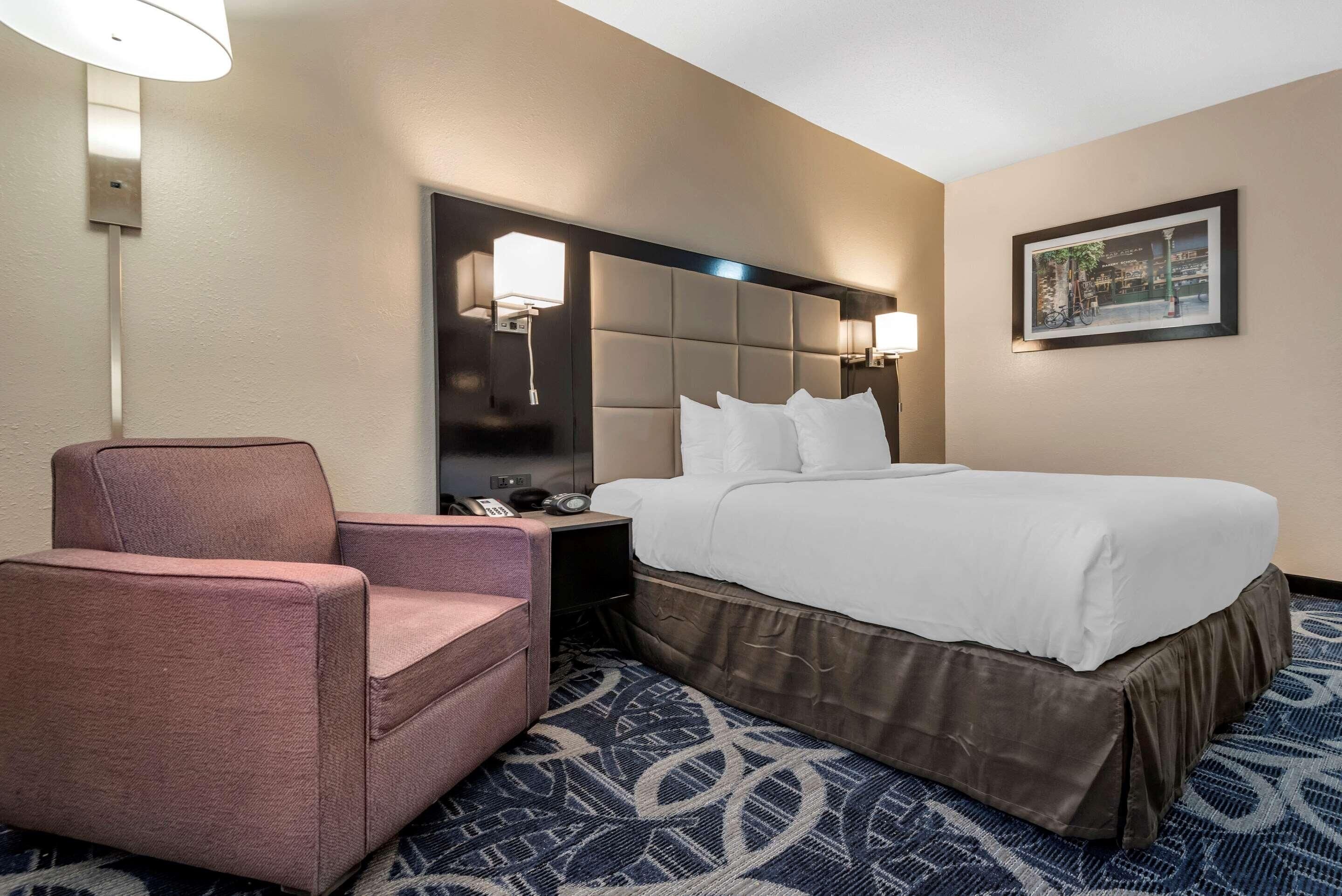 A hotel room with a bed, a chair, a nightstand, a lamp, and a framed picture on the wall.