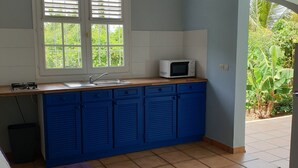 Une cuisine de taille réduite, dotée d’une fenêtre, d’un four à micro-ondes et de meubles de couleur bleue.