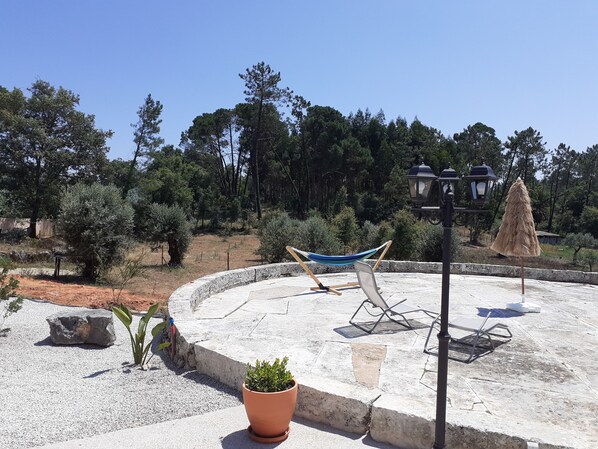 Relax in a serene outdoor space with a hammock, lounge chairs, and lush surroundings.
