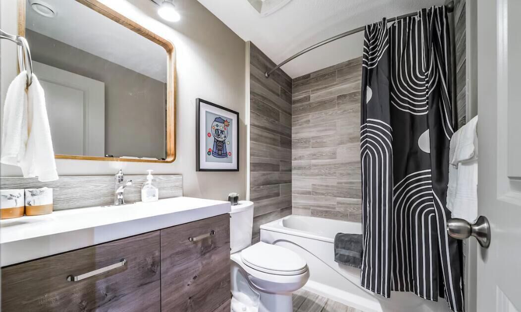 Combined shower/bathtub, hair dryer, towels, soap
