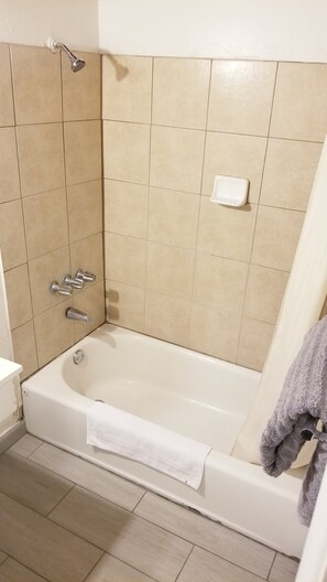 Ensemble baignoire-douche, séchoir à cheveux, serviettes fournies, savon