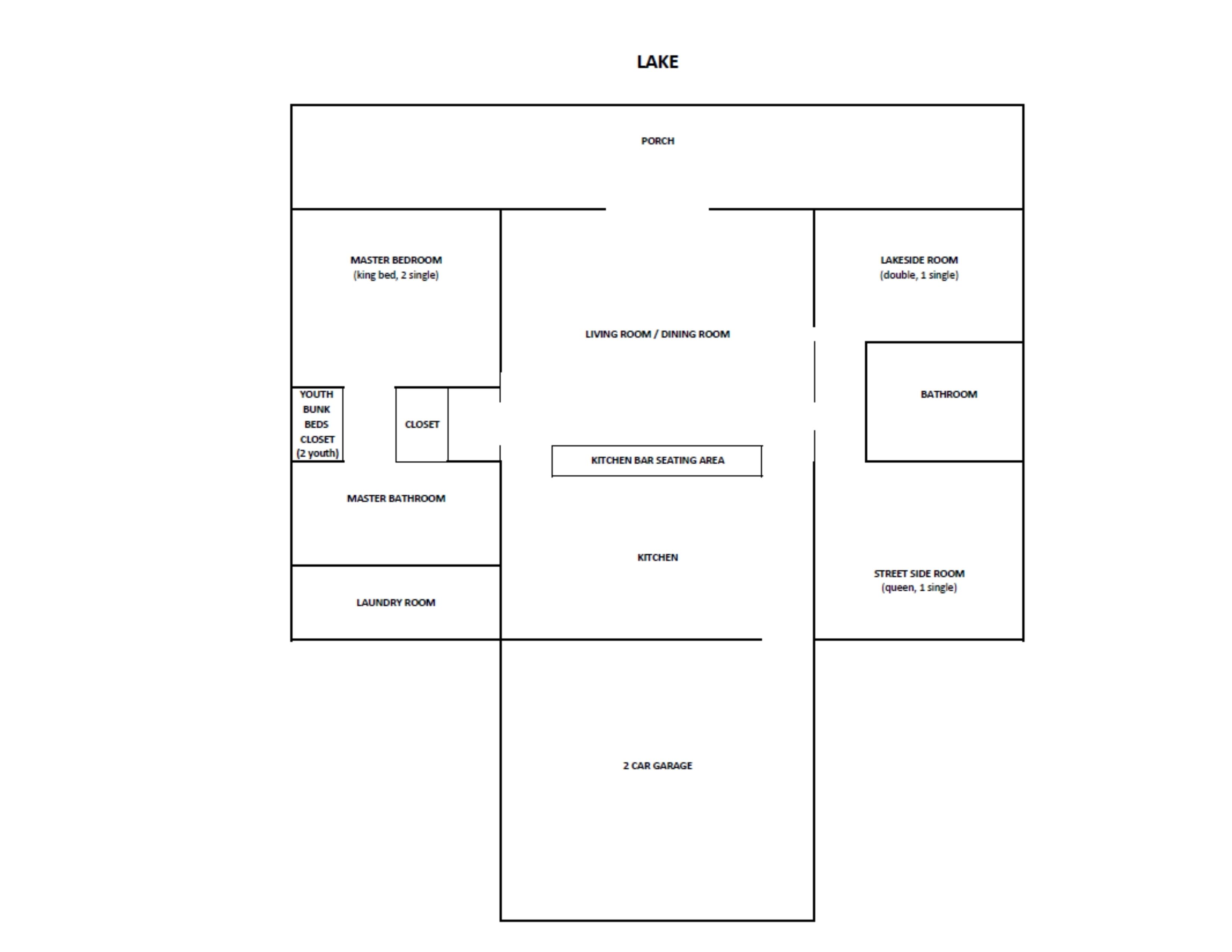 A floor plan of a house with a master bedroom, master bathroom, laundry room, kitchen, car garage, porch, living room/dining room, kitchen/bar seating area, bathroom, and a street side room.