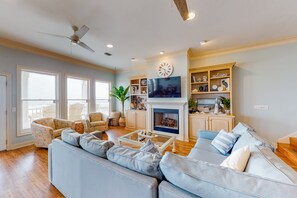 Televisión, chimenea, reproductor de DVD y libros 