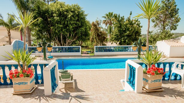 Zona de piscina con suelo de baldosas, dos macetas con flores rojas y una silla blanca.
