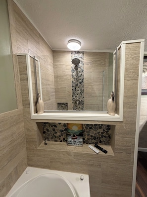 Combined shower/tub, hair dryer, towels