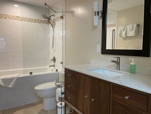 Combined shower/tub, hair dryer, towels, soap - Updated partially subterranean apartment. (Salt Lake City)