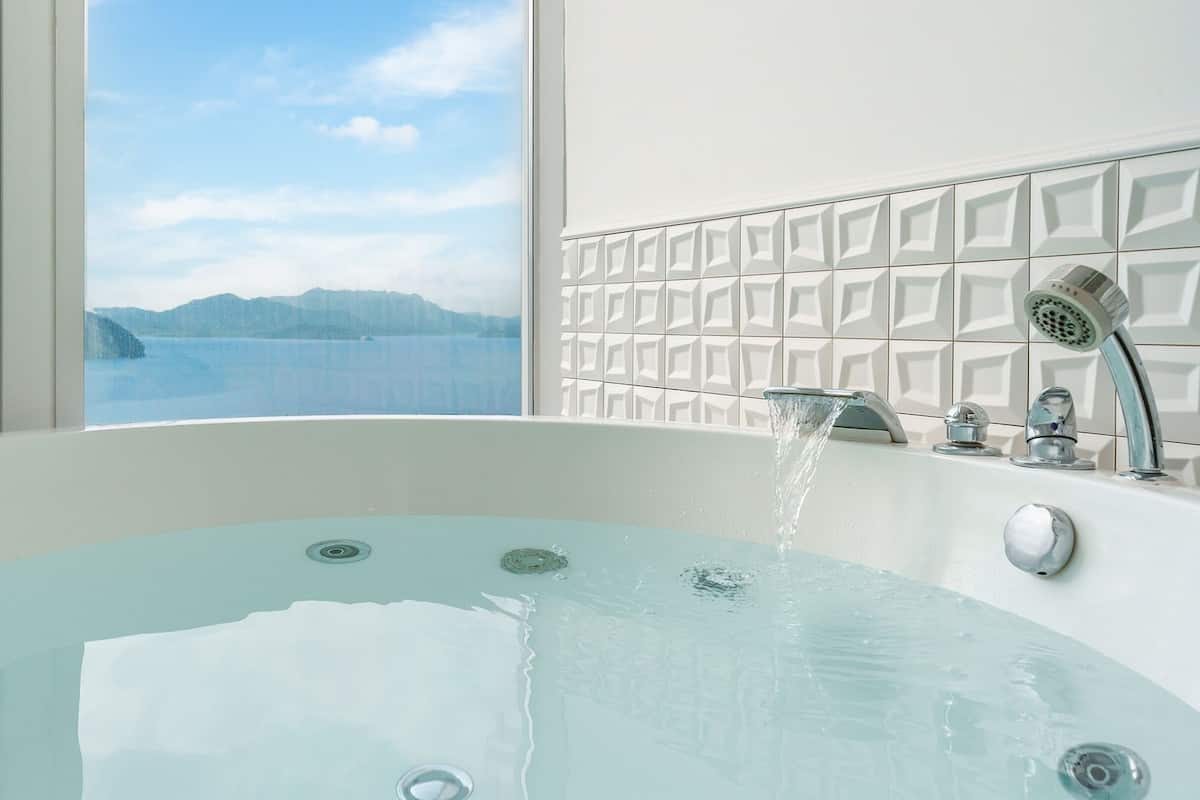 A modern bathroom with a large bathtub, a shower, and a view of a lake and mountains.