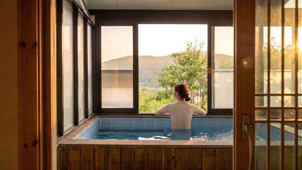 A person in a wooden bathtub with a view of greenery and hills through large windows. - Gyeongju Soraedanga Pension (Gyeongju)