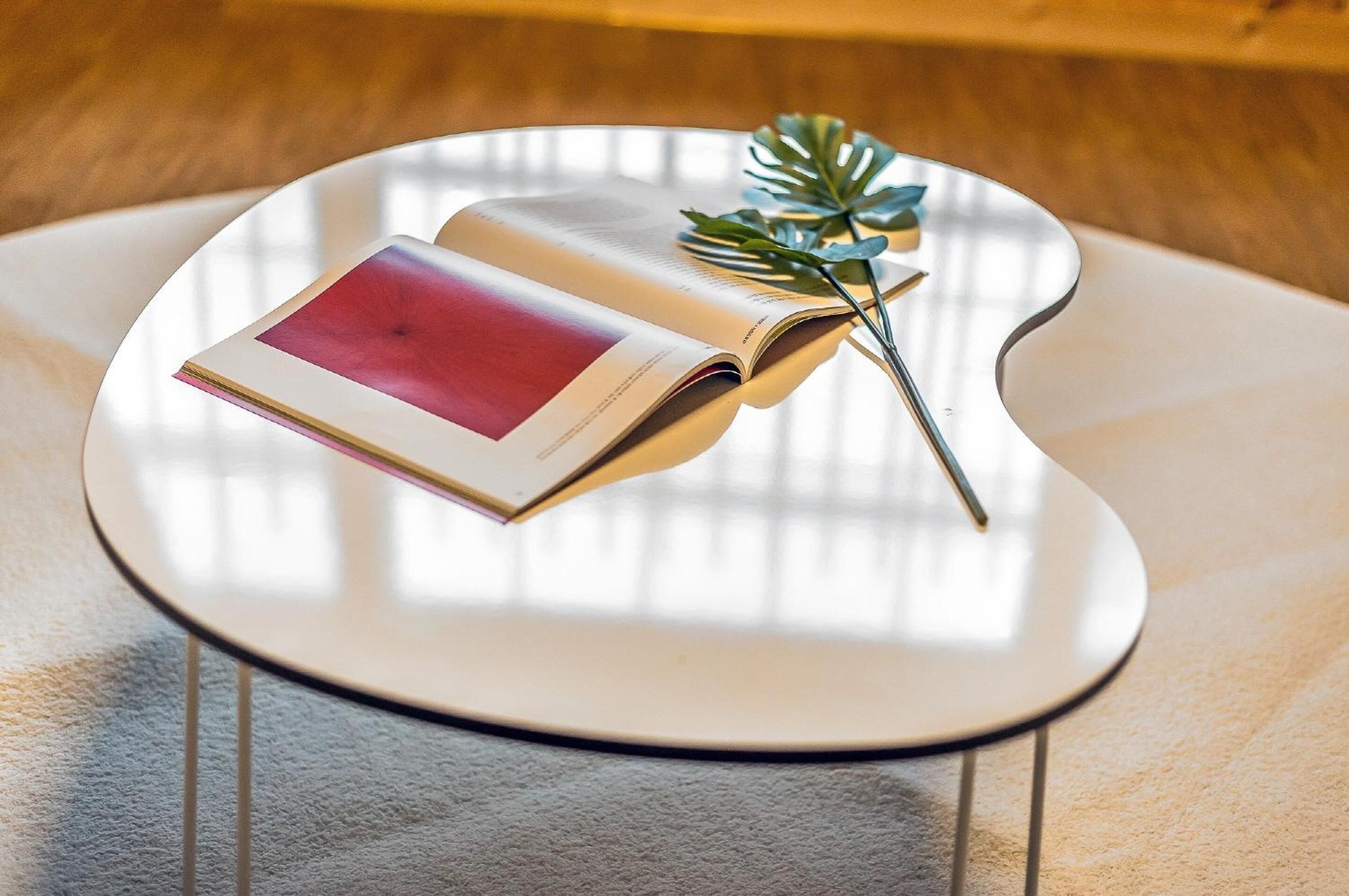 A book on a white, curved table with a plant beside it.
