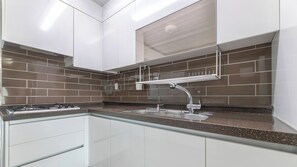 Una cocina moderna con un lavamanos de acero inoxidable, una estufa a gas y una campana extractora.
