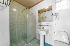 Un baño con ducha envuelta en vidrio, un lavabo, un espejo y un inodoro.