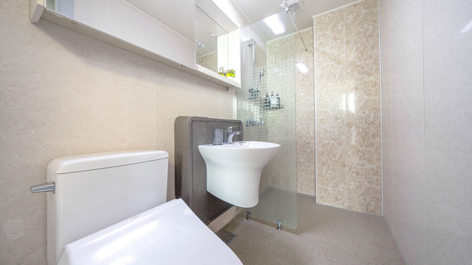 A bathroom with a toilet, a sink, and a shower area.