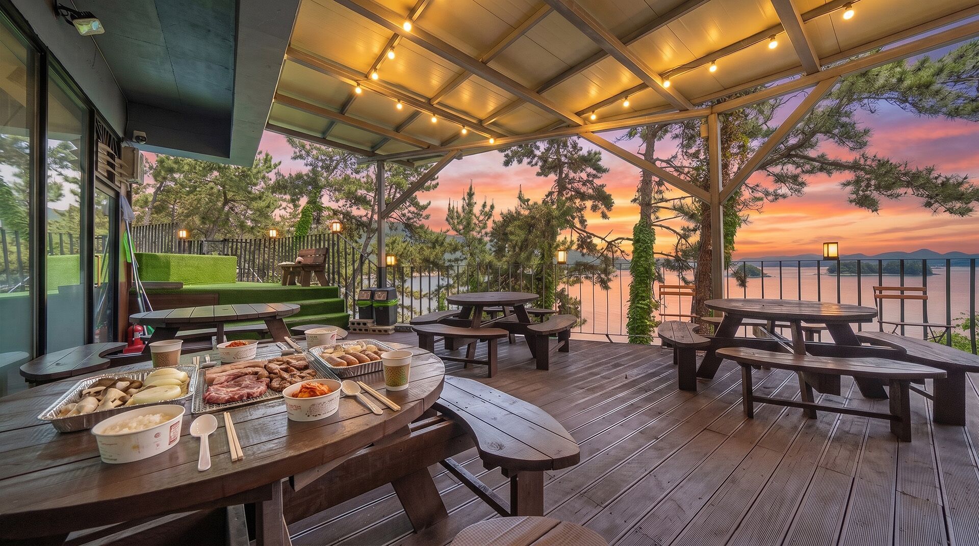An outdoor dining area with wooden tables and benches, a grill, and a view of the sunset over a body of water.