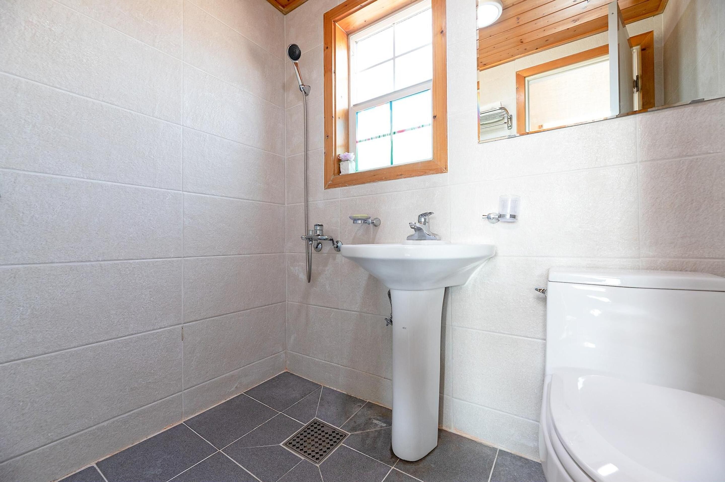 Un baño con ducha, lavabo e inodoro.