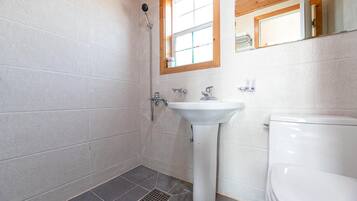 Un baño con ducha, lavabo e inodoro.