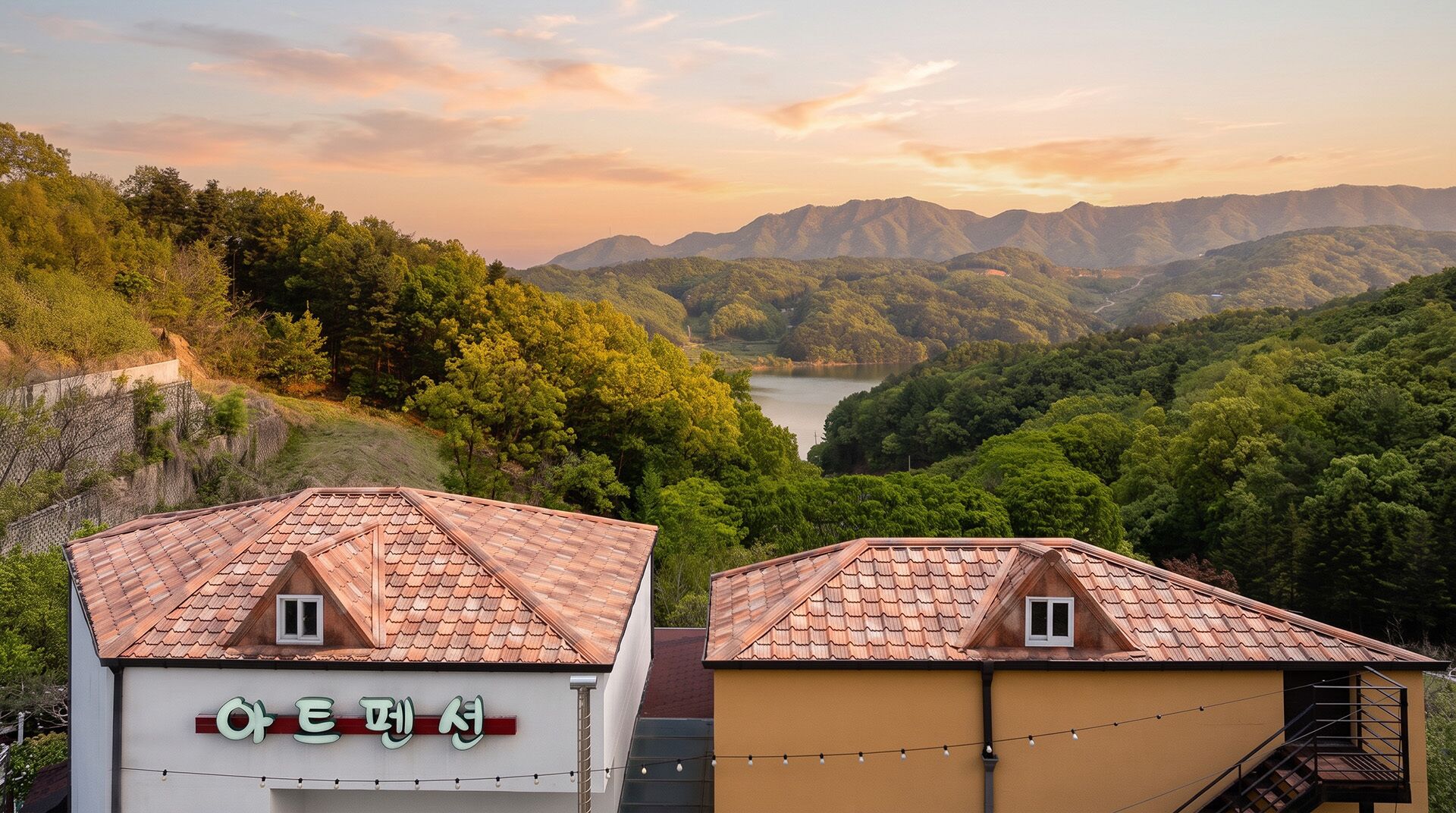 A building with a tiled roof and a sign with Korean characters, surrounded by lush greenery and mountains in the background.
