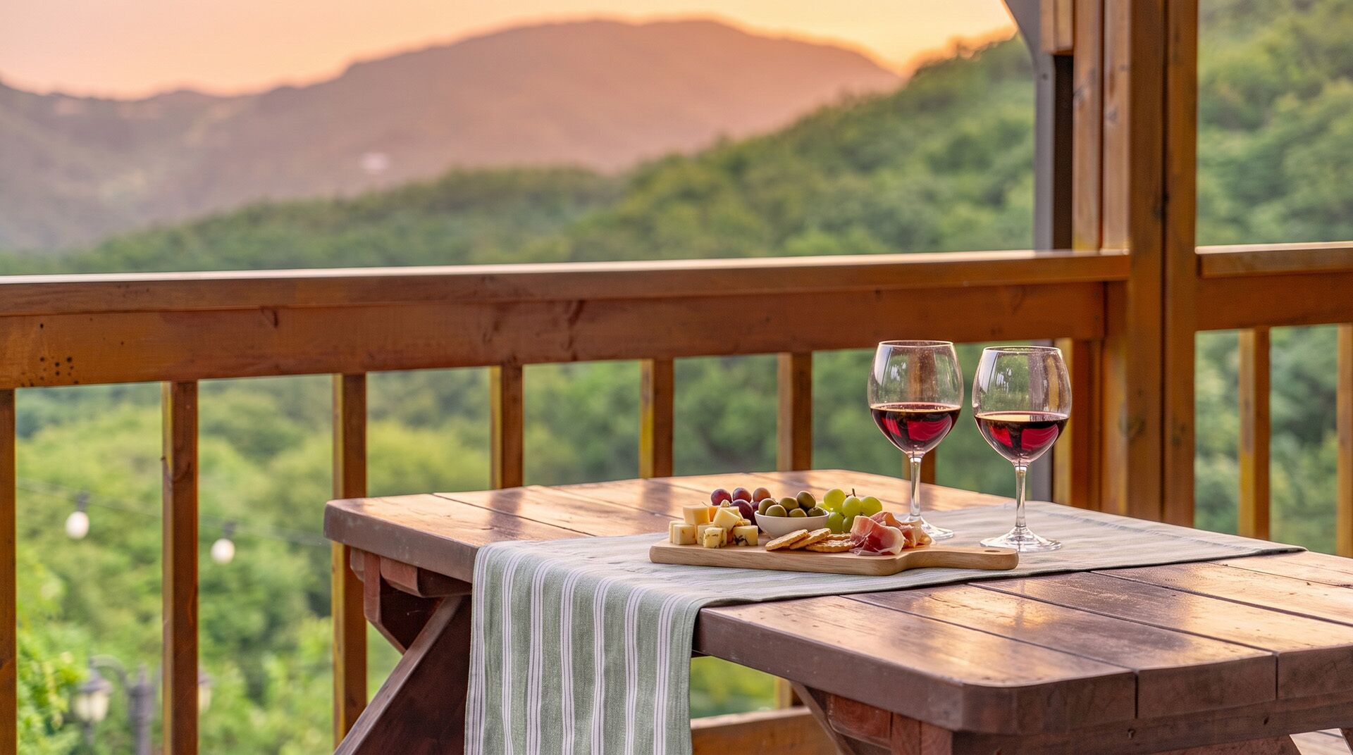 Una mesa de madera con mantel, dos copas de vino tinto y una tabla de quesos con varios quesos y frutas en un balcón con vistas panorámicas.
