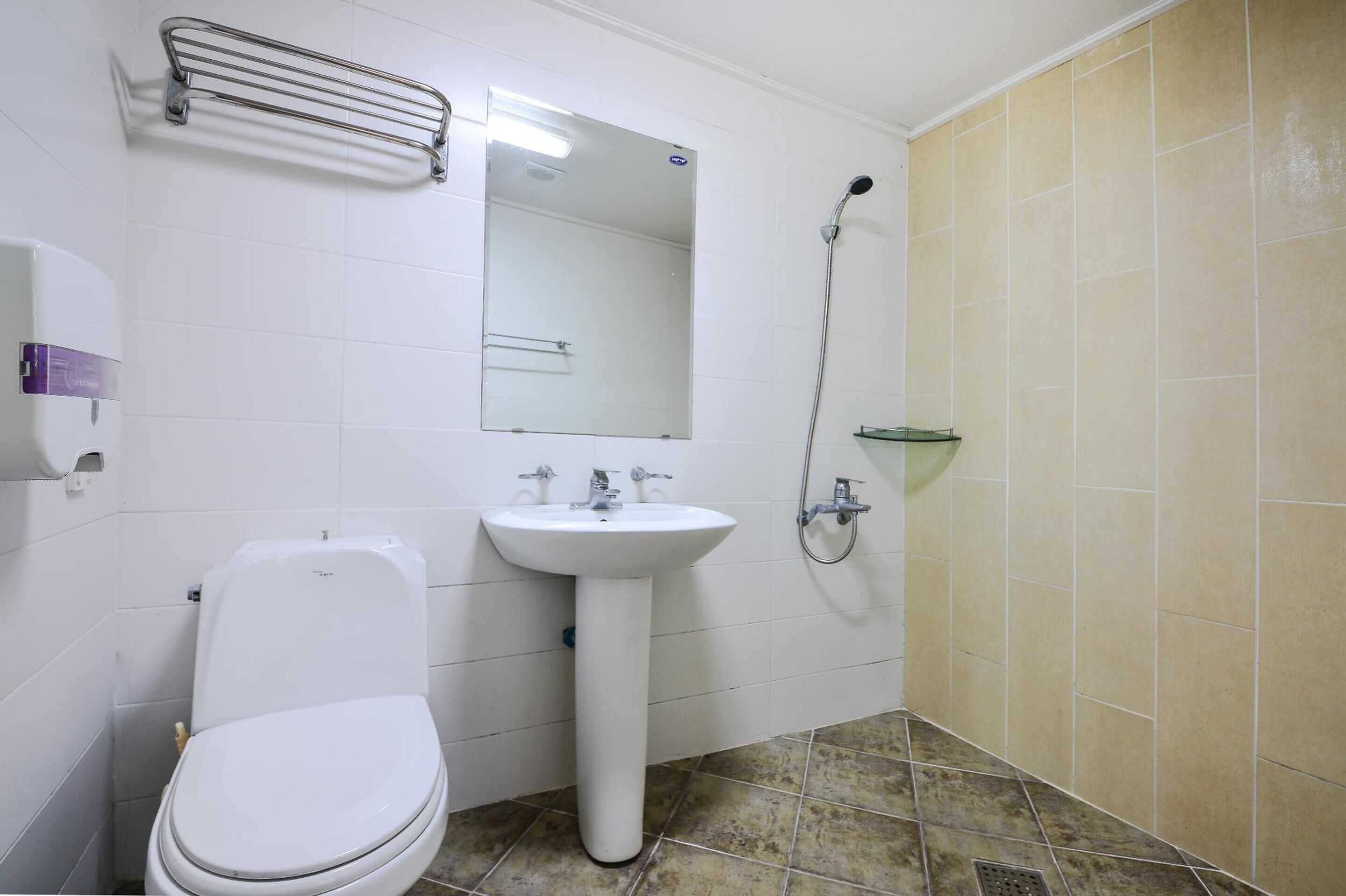 Une salle de bain comprenant des toilettes, un lavabo, un miroir, une douche et un porte-serviettes.