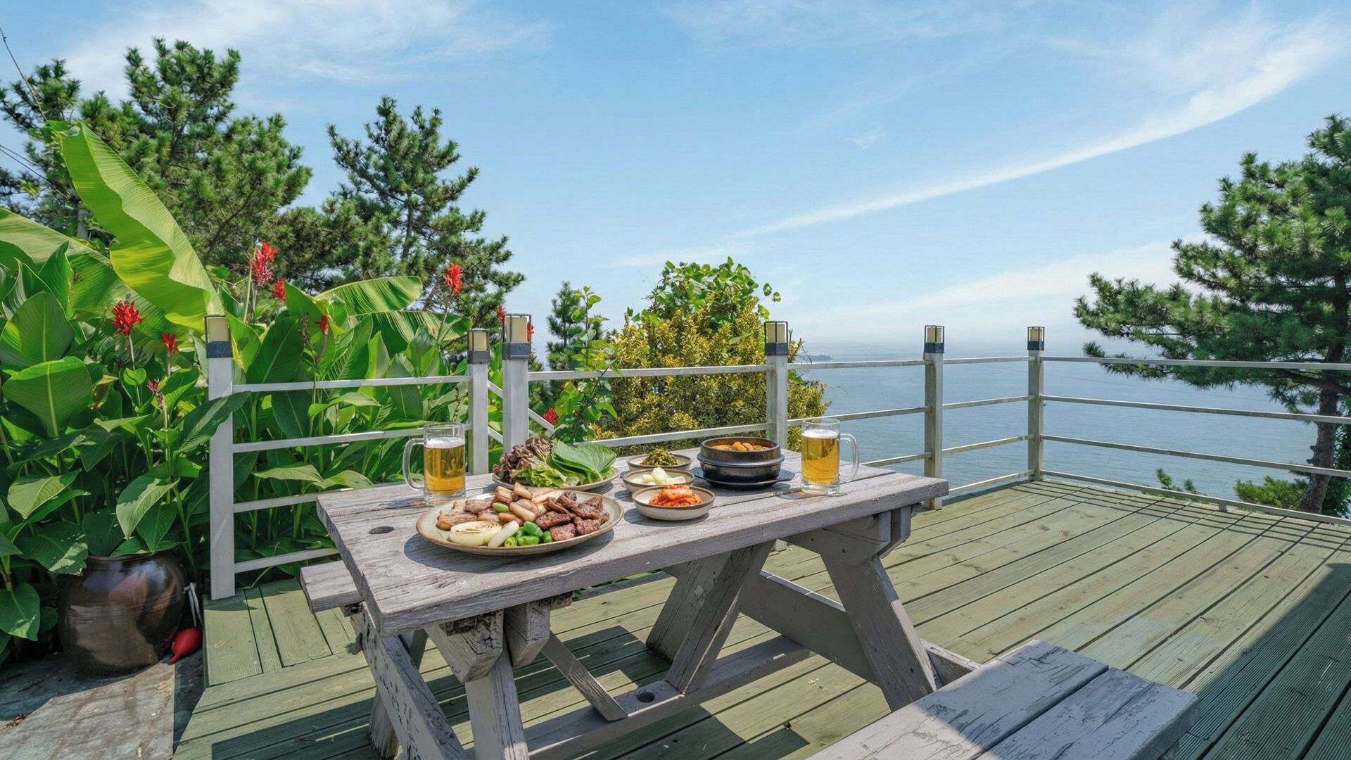 Eine Holzterrasse mit Esstisch, mit Blick auf ein Gewässer.