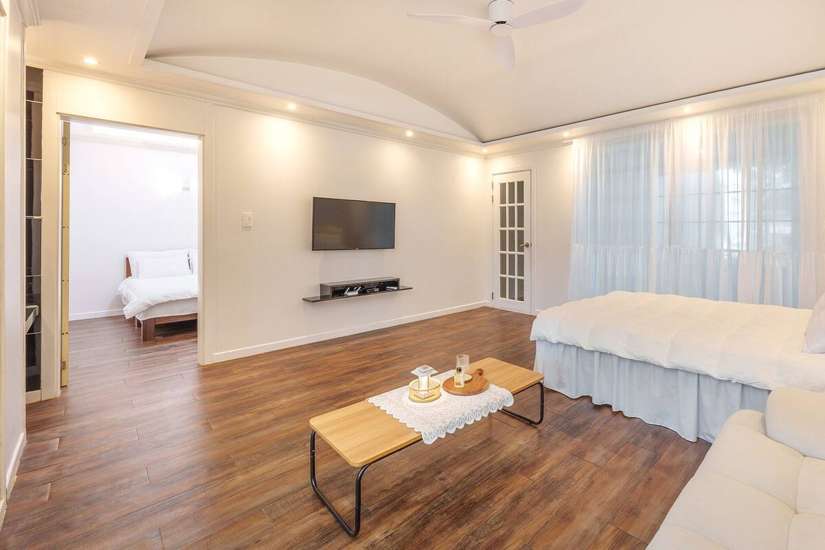 A modern living room with a sofa, a coffee table, a TV, and a ceiling fan.