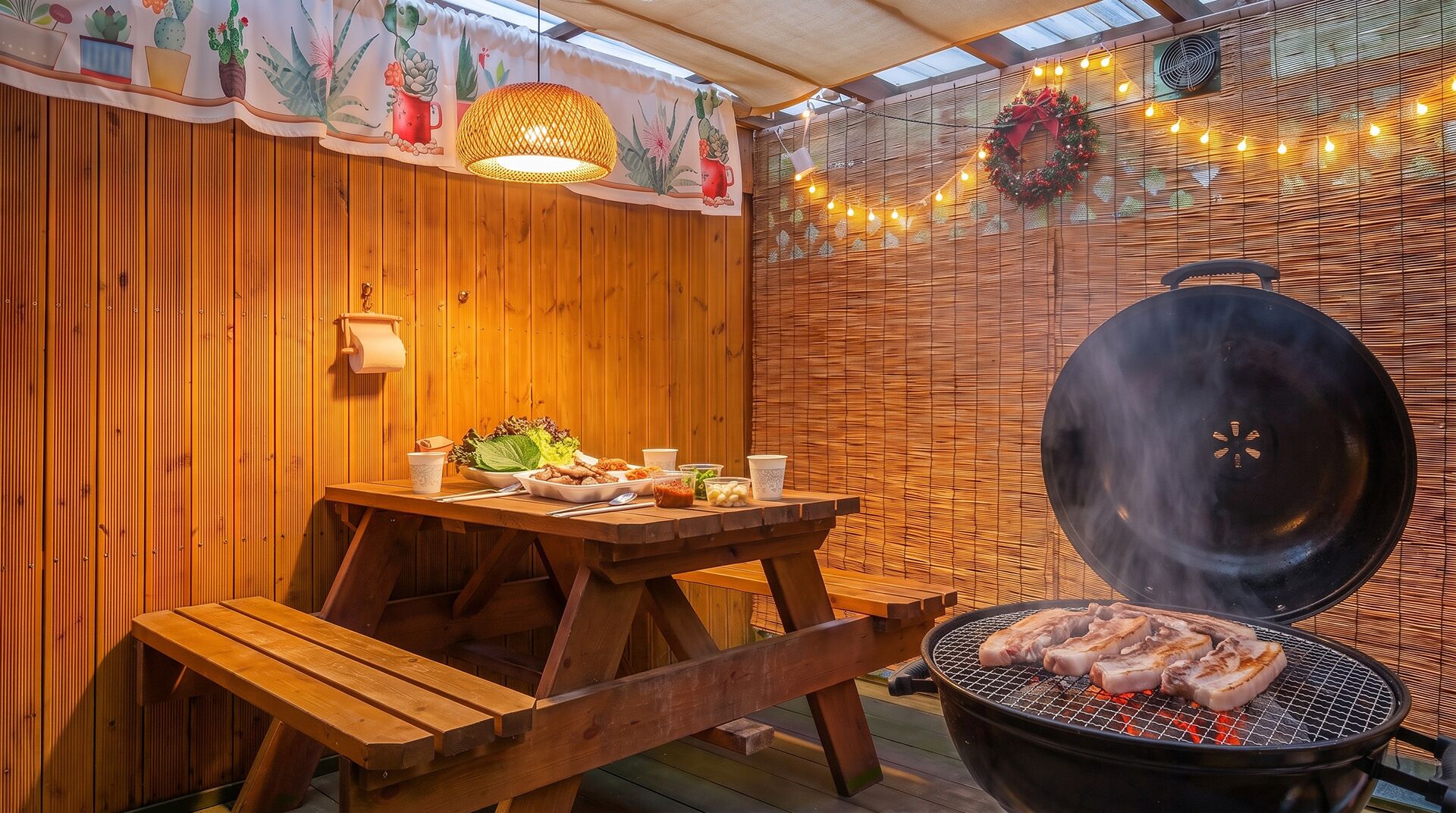 Ein Essbereich im Freien mit Holztisch und Bänken, einem Grill mit Fleisch und Lichterketten.