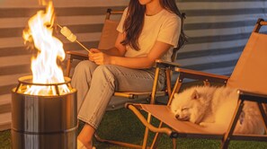 A person sitting on a chair with a dog beside them, both facing a campfire with a marshmallow on a stick.